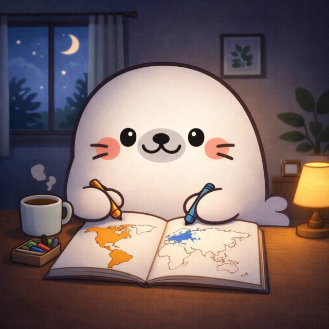 白地図を塗るあざらし